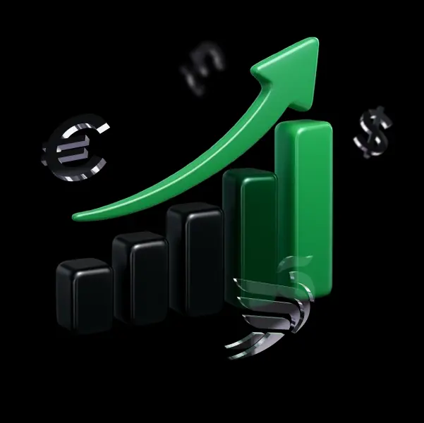 3D bar chart with black and green bars, a large green upward arrow, and metallic currency symbols (euro, pound sterling, dollar) surrounding the chart, symbolizing financial growth and international trading.