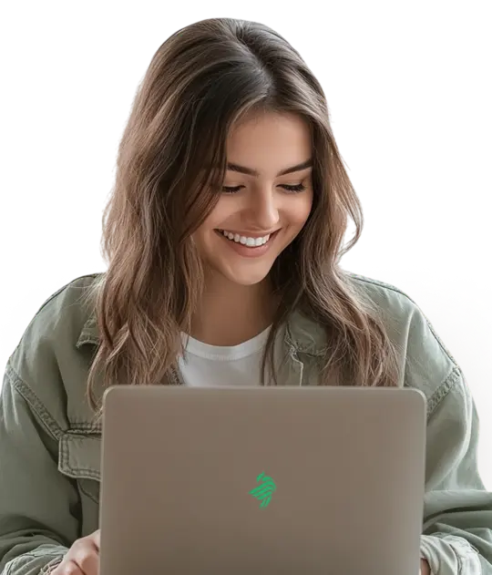 Smiling woman with long brown hair looking at a laptop with a green Markets4you logo on the back.